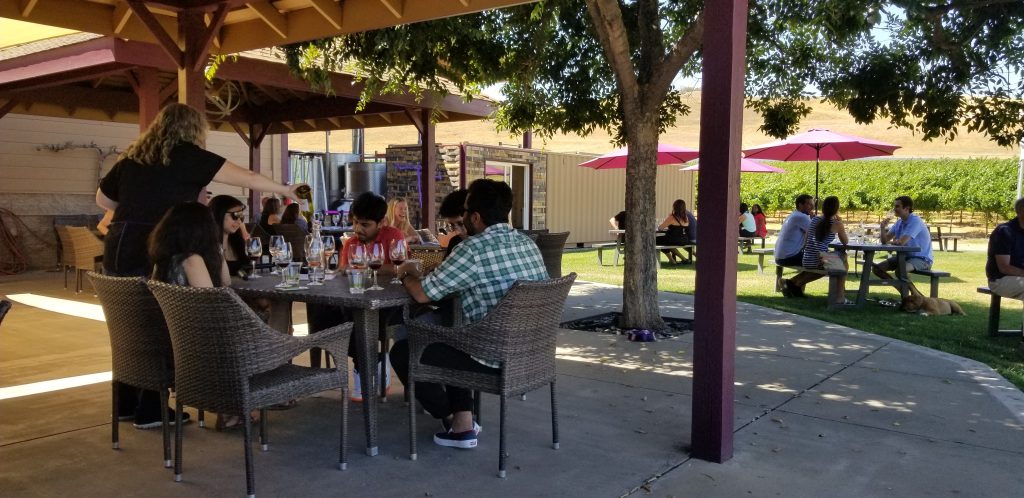 A photograph of the Terrace & Green tasting area, where an associate is pouring wine for a table of guests,