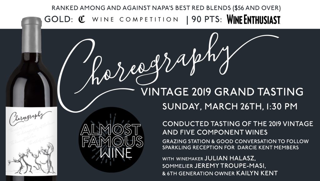 An advertisement for the Choreography Vintage 2019 Grand Tasting Event on March 26th at Almost Famous Wine Lounge